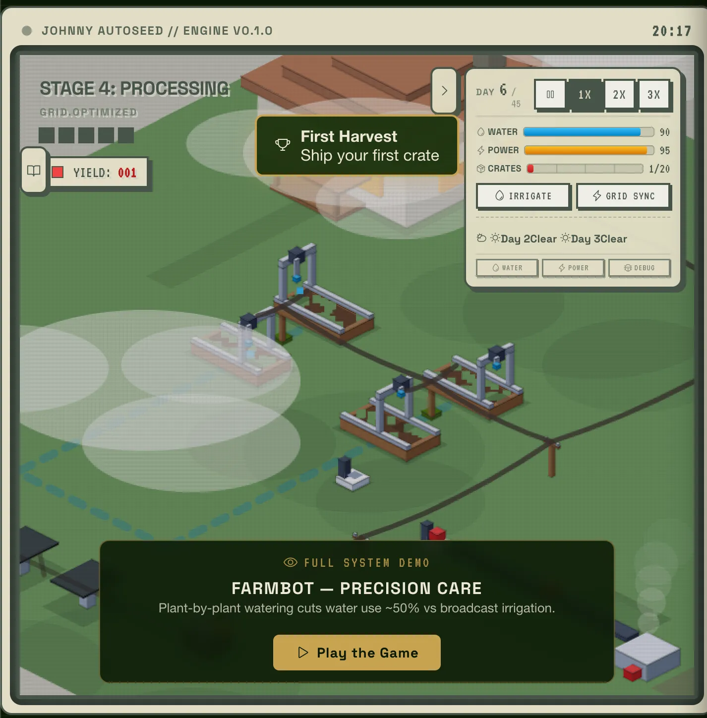 The Johnny Autoseed game running its full system demo — FarmBot beds watering plant by plant on a neighborhood pilot farm